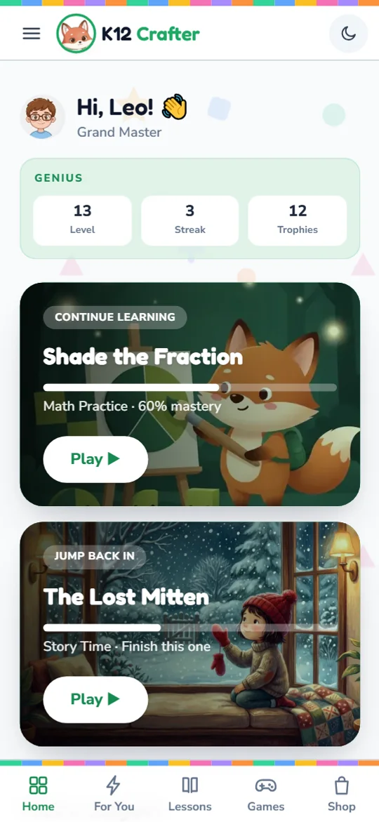 A child's Kid Zone dashboard with their level, streak, trophies and the lessons to continue