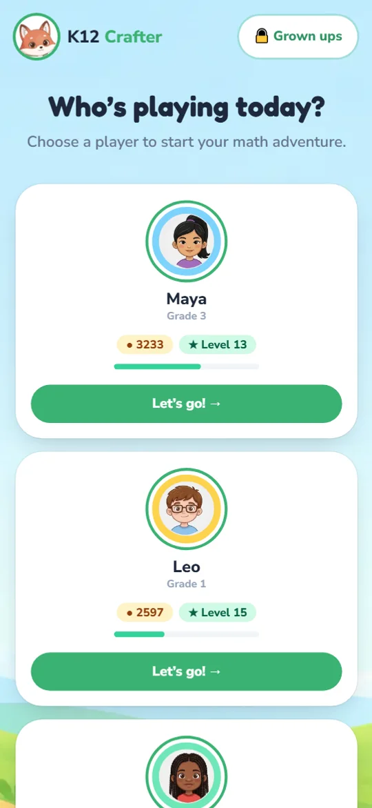 The Kid Zone home screen, where each child picks their player