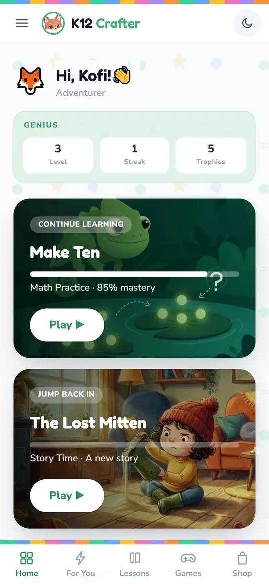 A child's Kid Zone home with their level, streak, trophies and a practice skill to continue