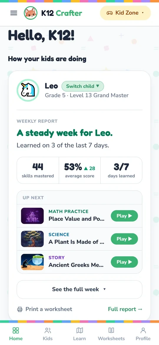 The parent weekly report with skills mastered, average score, days learned and what to do next