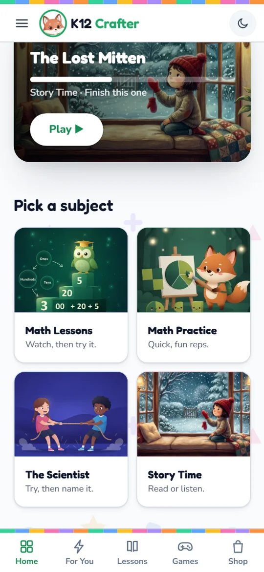The Kid Zone subject picker with Math Lessons, Math Practice, The Scientist and Story Time