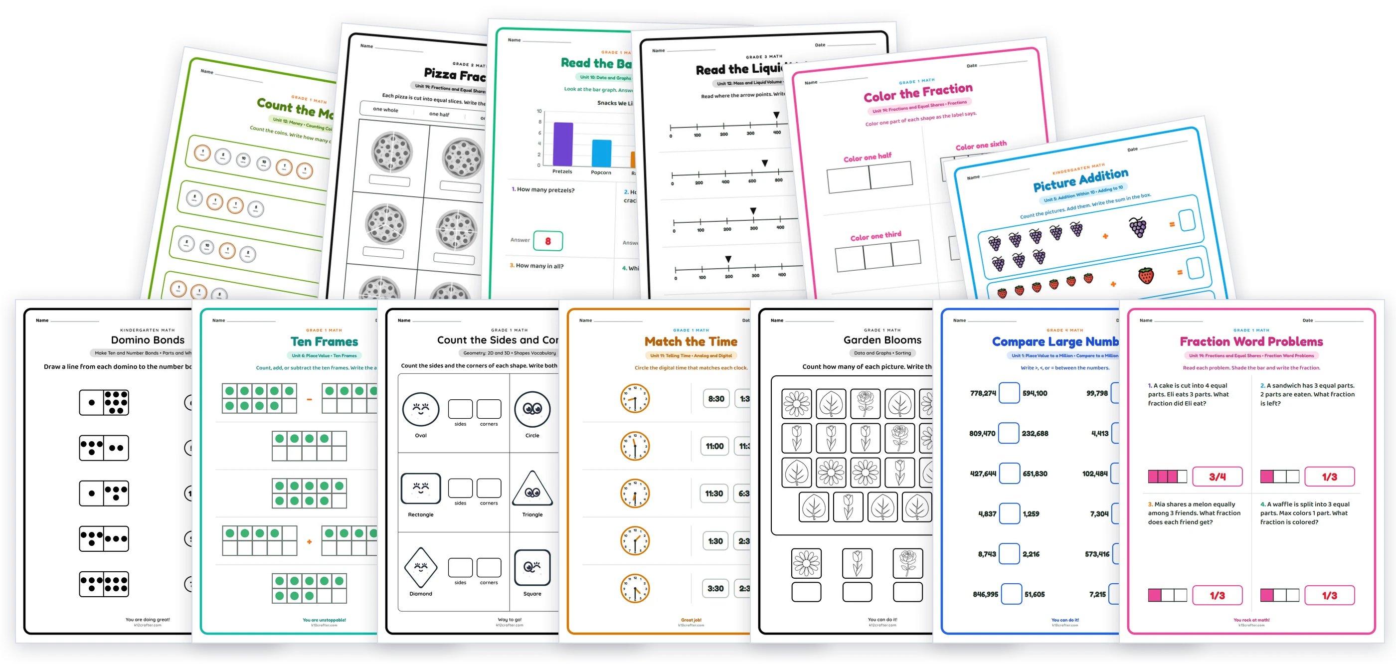 Real K12 Crafter worksheets in color and black and white, including Kindergarten · Domino bonds, Grade 1 · Ten frames, Grade 1 · Bar graphs, Grade 1 · Telling time, Grade 2 · Pizza fractions, Grade 3 · Liquid volume, Grade 1 · Sides and corners, Grade 1 · Sort and count