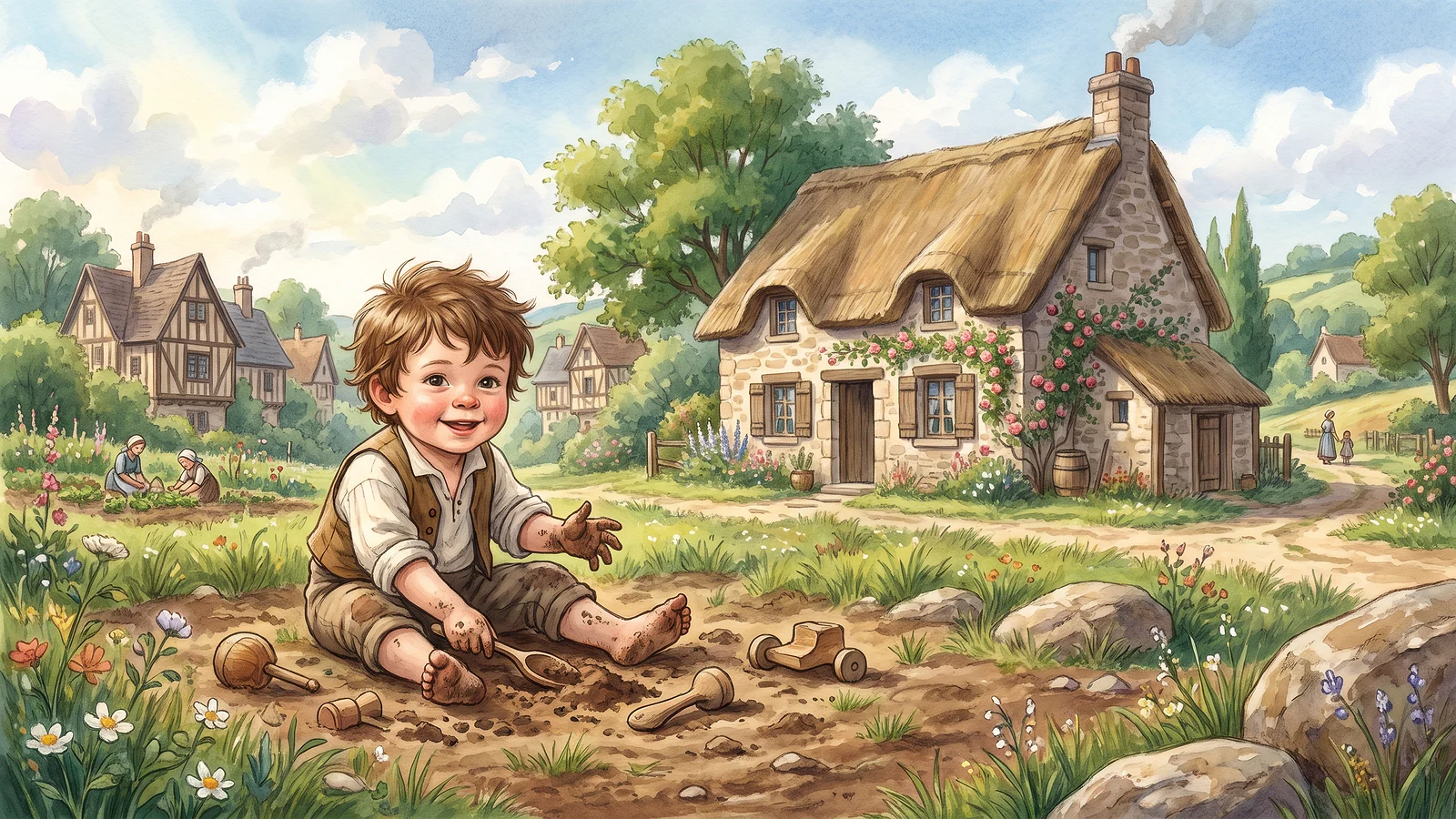 Young Louis playing outside his home in France.