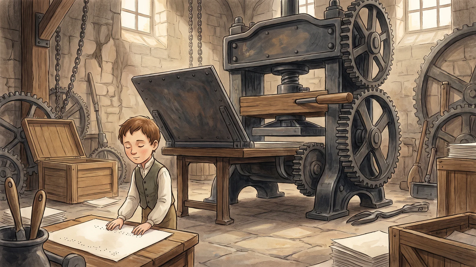 Louis standing next to a giant, heavy printing press.