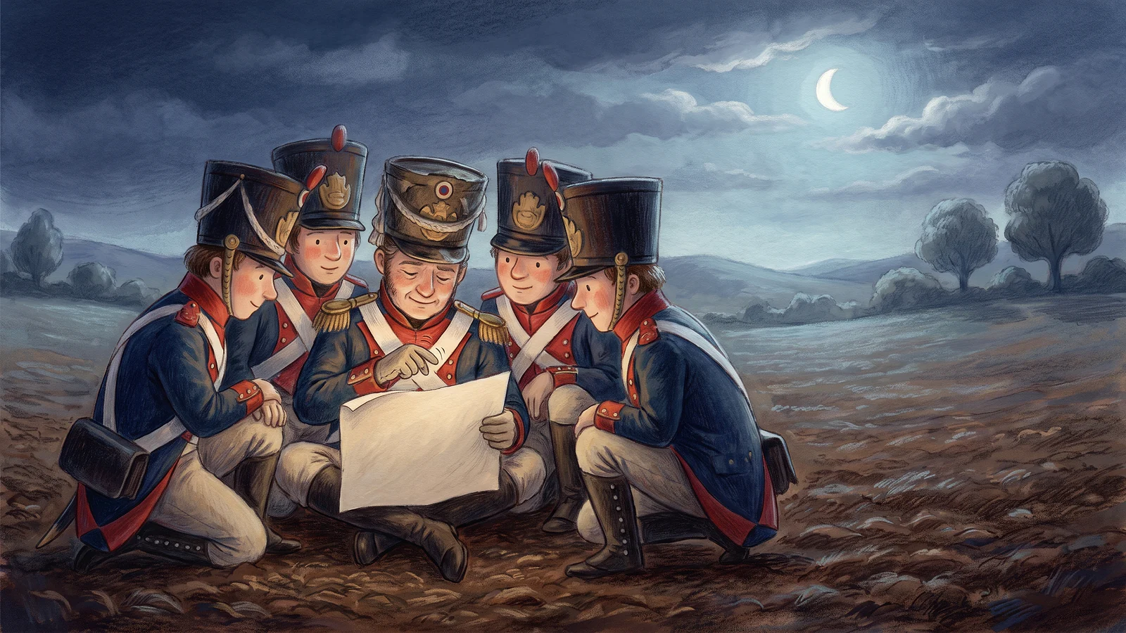 Soldiers reading a message by touch in a dark forest.