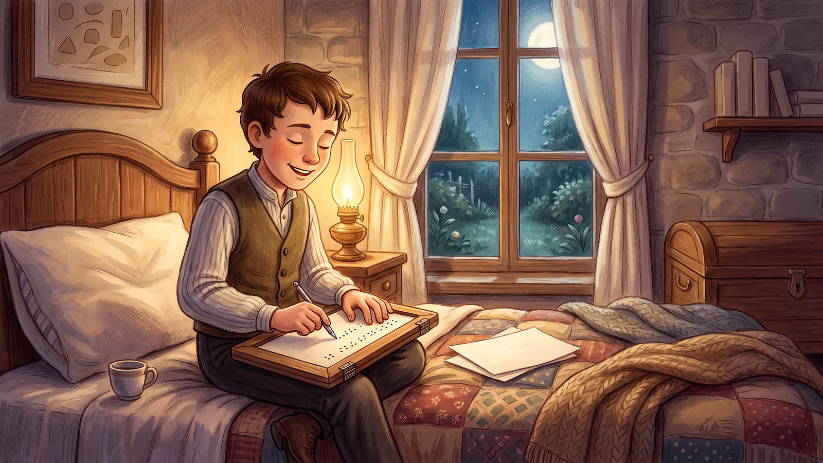 Louis easily making dots with a simple tool on his bed.
