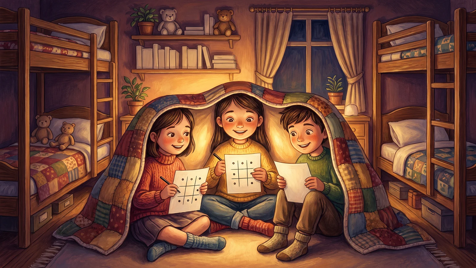 Students secretly learning the six dots under a blanket at night.