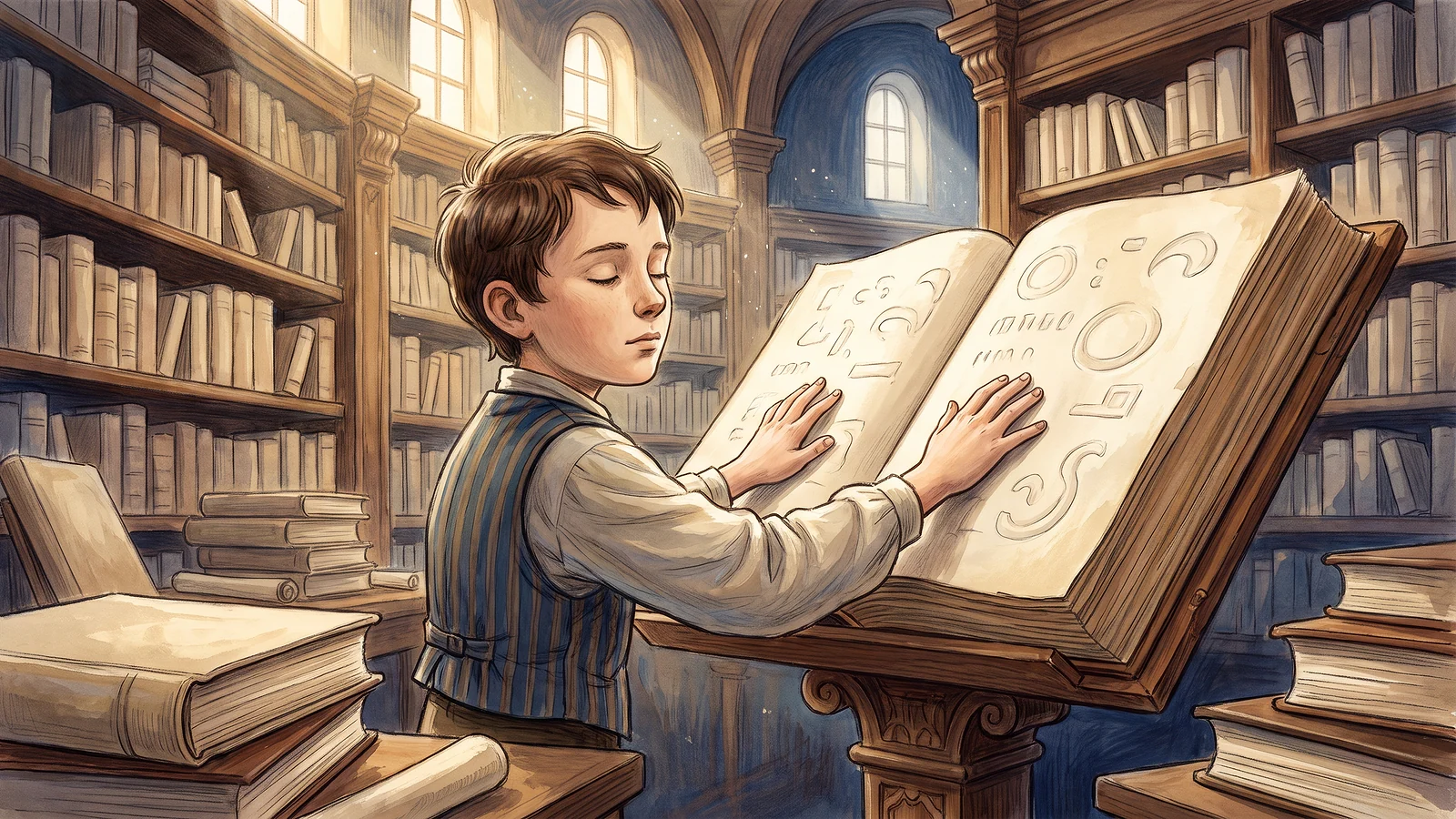 Louis feeling huge raised shapes in a giant book.