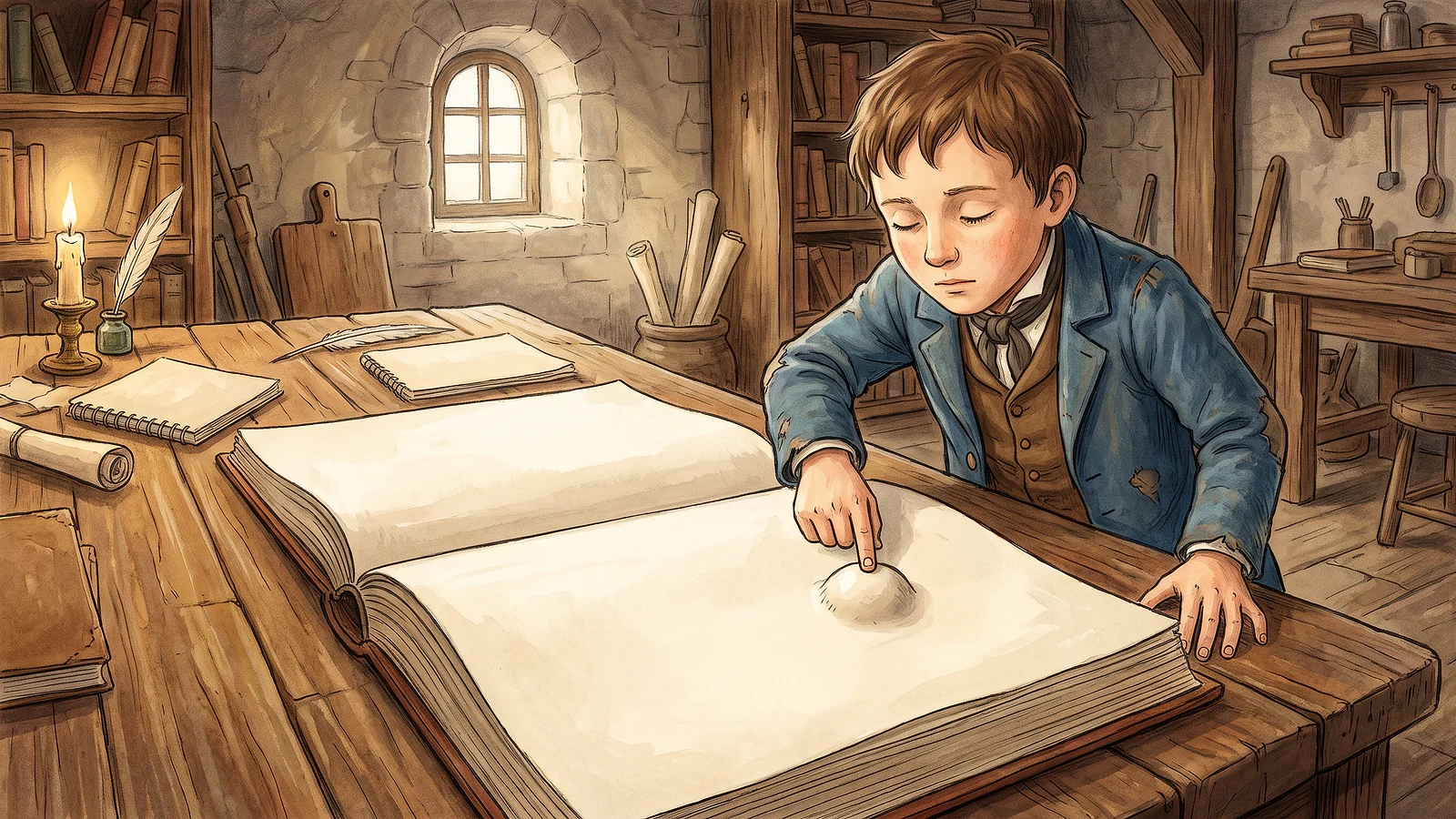 Louis tracing a giant raised bump on a page.