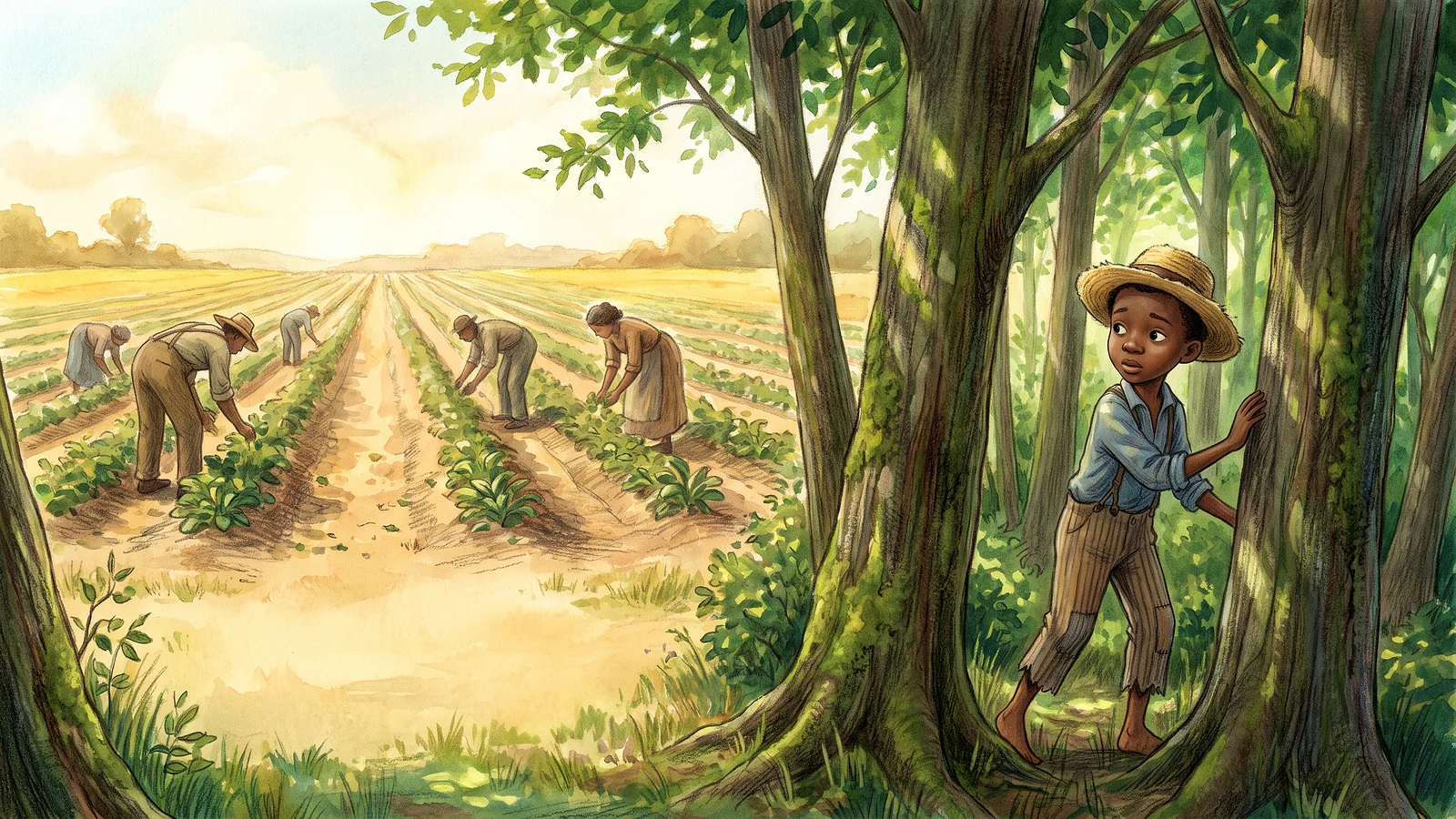 George slipping away from the fields into the woods.